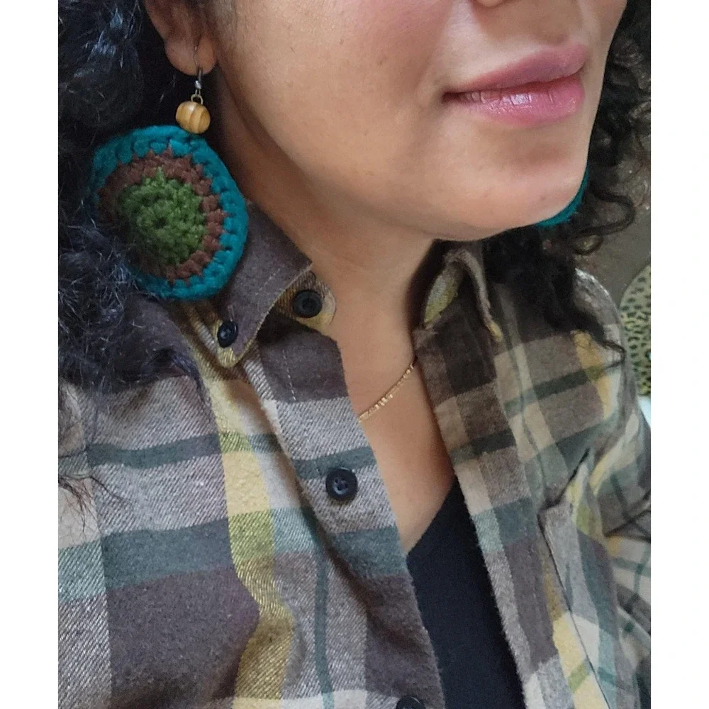 Round Crochet Earrings: Island Green Acrylic Yarn‎ with Wood Beads